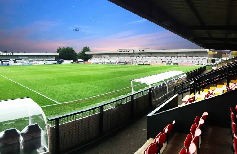 Góc nhìn từ khán đài về sân Meadow Park của Boreham Wood FC.