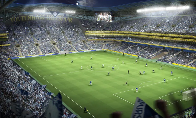 Góc nhìn từ khán đài xuống mặt cỏ xanh mướt của sân vận động Tottenham Hotspur