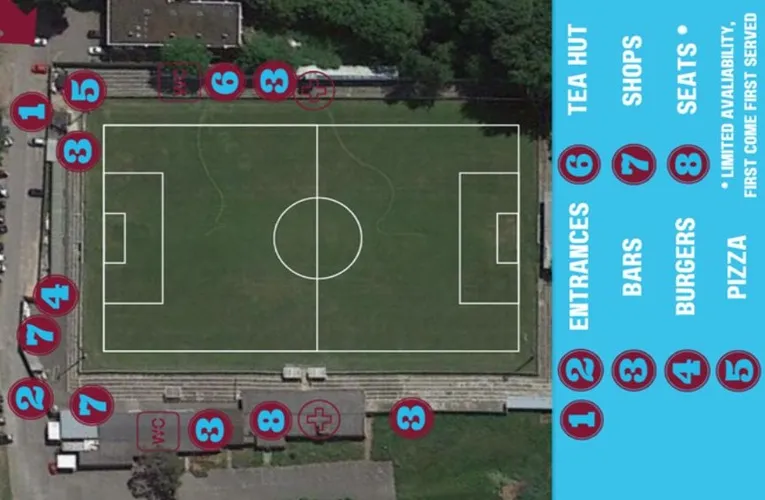 Sơ đồ bố trí các khu vực chỗ ngồi và khán đài tại sân The Meadow, tổ ấm của CLB Chesham United