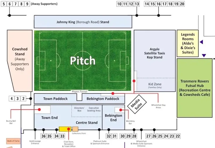 Sơ đồ bố trí chỗ ngồi các khán đài tại sân Prenton Park của Tranmere Rovers