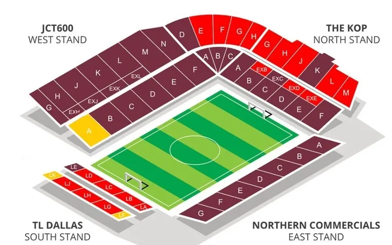 Sơ đồ bố trí chỗ ngồi sân vận động Valley Parade, giúp khán giả dễ dàng tìm ghế tại sân nhà Bradford City