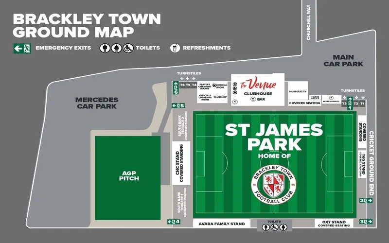 Sơ đồ bố trí chỗ ngồi và các khu vực chính của sân vận động St James Park Brackley, giúp khán giả dễ dàng tìm vị trí xem trận đấu.