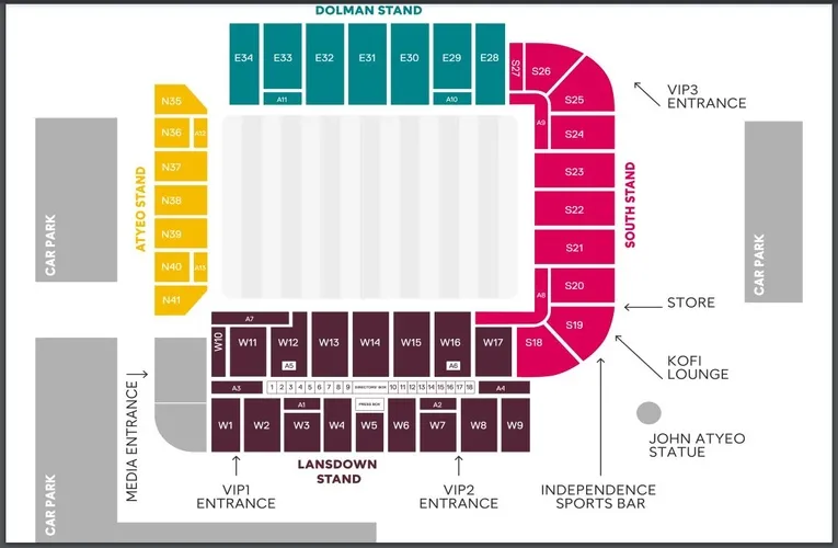 Sơ đồ bố trí khán đài và chỗ ngồi chi tiết tại sân vận động Ashton Gate.