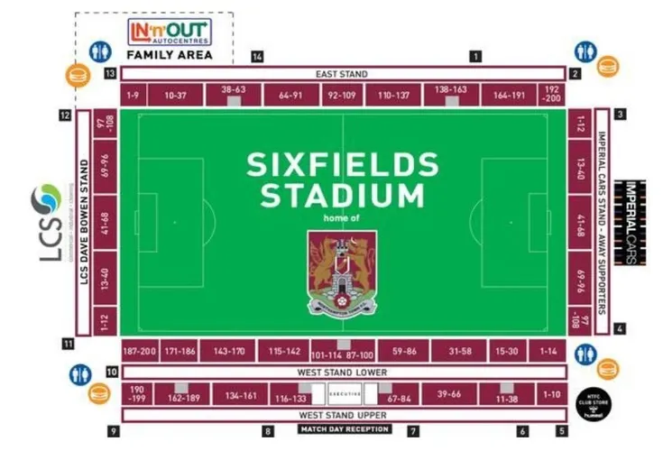 Sơ đồ chi tiết các khán đài và khu vực chỗ ngồi tại Sixfields Stadium