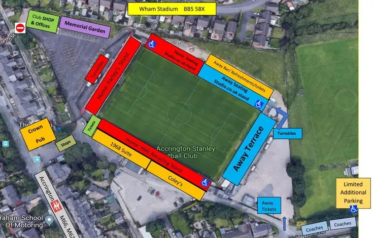 Sơ đồ chỗ ngồi chi tiết của sân vận động Crown Ground, giúp người hâm mộ Accrington Stanley dễ dàng tìm chỗ