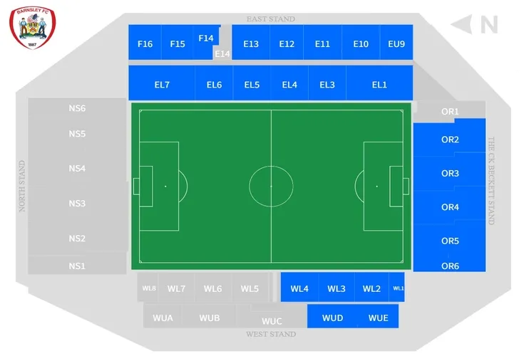 Sơ đồ chỗ ngồi chi tiết sân vận động Oakwell, hướng dẫn cho CĐV Barnsley
