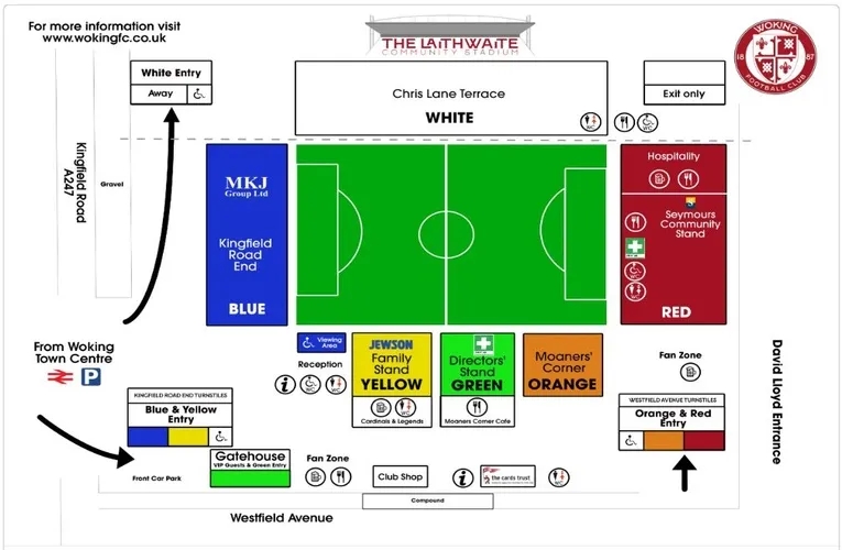 Sơ đồ chỗ ngồi chi tiết tại sân vận động Kingfield của Woking