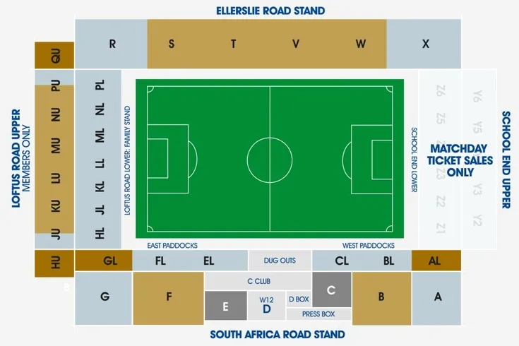 Sơ đồ chỗ ngồi sân Loftus Road, hướng dẫn vị trí các khán đài và khu vực
