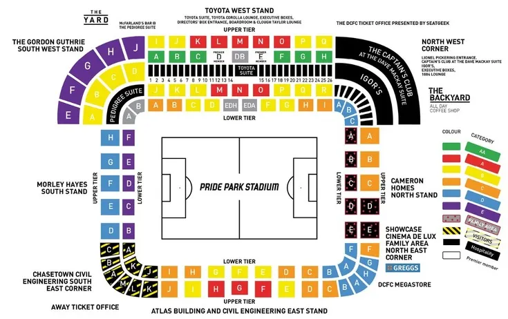 Sơ đồ chỗ ngồi sân Pride Park, giúp khán giả dễ dàng tìm vị trí