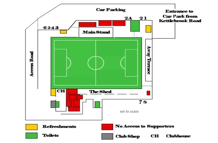 Sơ đồ chỗ ngồi sân The Lamb Ground, hướng dẫn vị trí khán đài tại sân nhà Tamworth FC