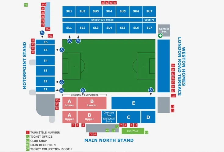 Sơ đồ chỗ ngồi sân vận động Weston Homes Stadium, hướng dẫn vị trí các khán đài chính và khu vực Family Stand