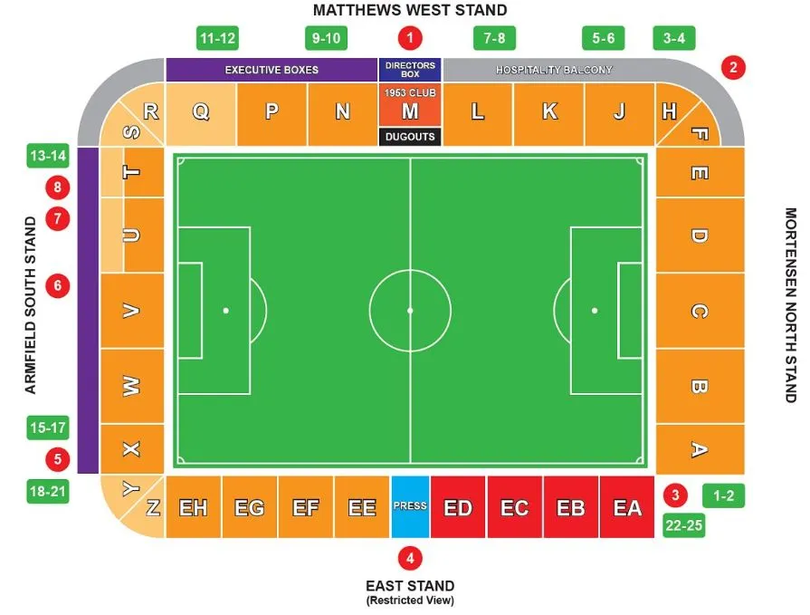 Sơ đồ tổng quan các khán đài và khu vực bên trong sân Bloomfield Road.