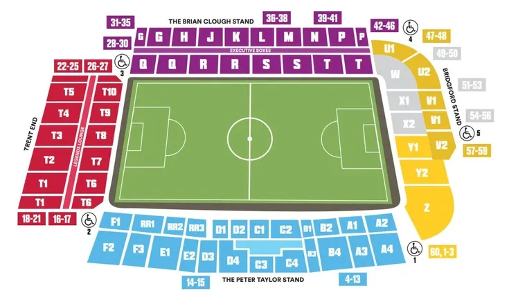 Sơ đồ tổng thể chỗ ngồi tại The City Ground, hiển thị các khán đài chính và bố cục sân