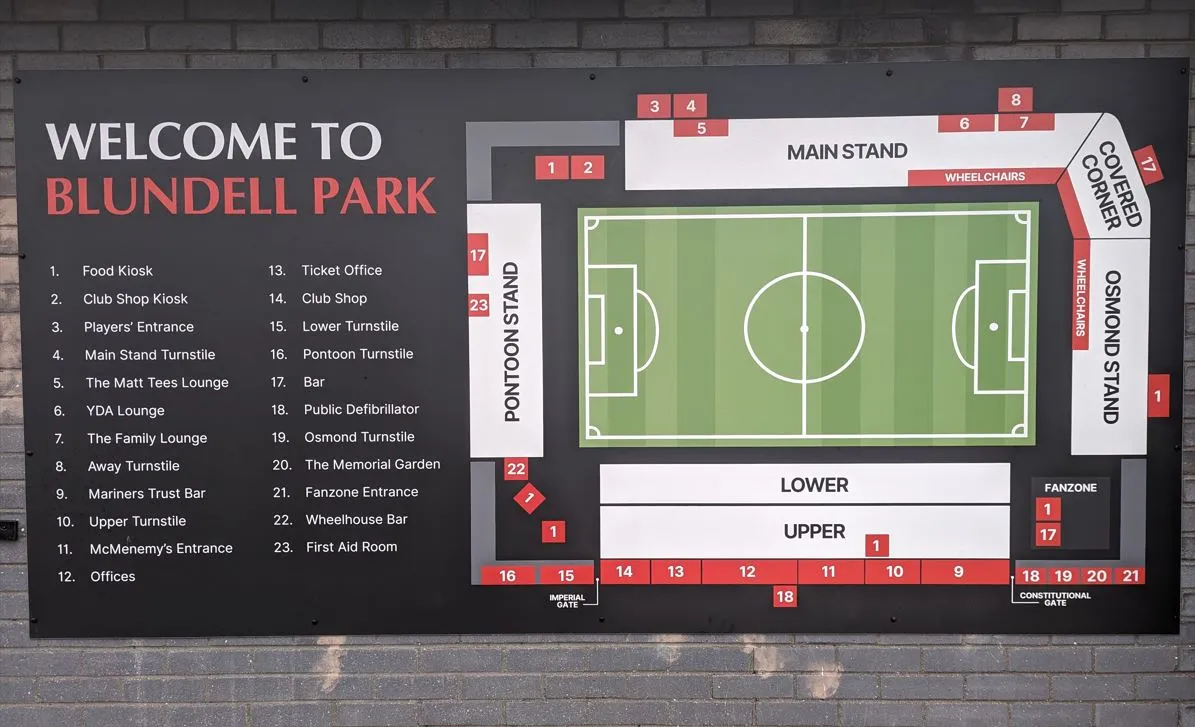 Sơ đồ tổng thể sân Blundell Park, bố trí các khán đài